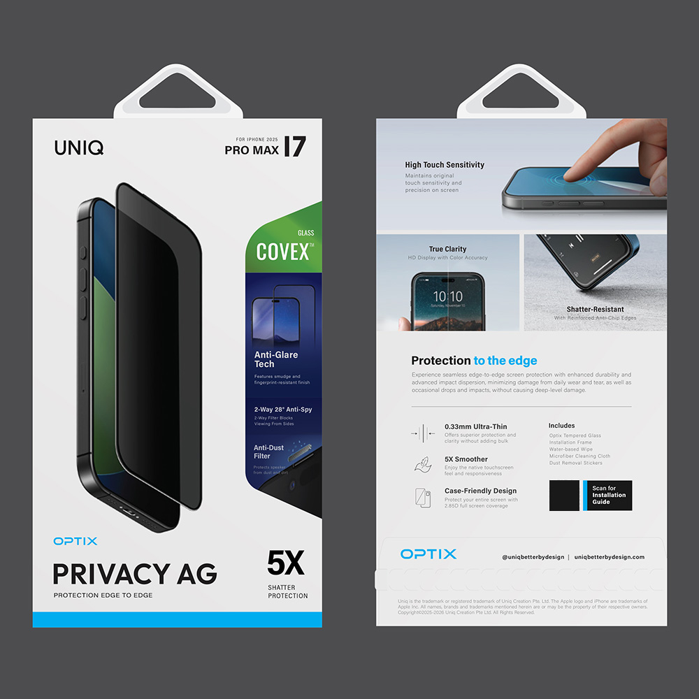 Kính Cường Lực Chống Nhìn Trộm iPhone 17 Series UNIQ Optix Covex PRIVACY AG Dày 0.33mm Bảo Vệ Sự Riêng Tư Và Chống Chói Hàng Chính Hãng
