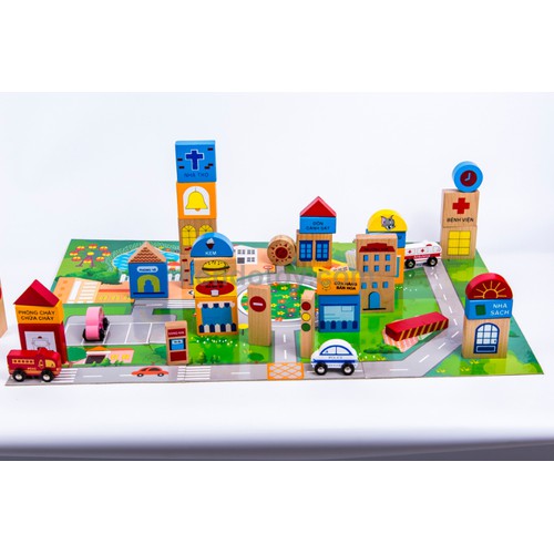 Bộ đồ chơi lắp ghép thành phố bằng gỗ 62 chia tiết tặng kèm thước đo chiều cao cho bé