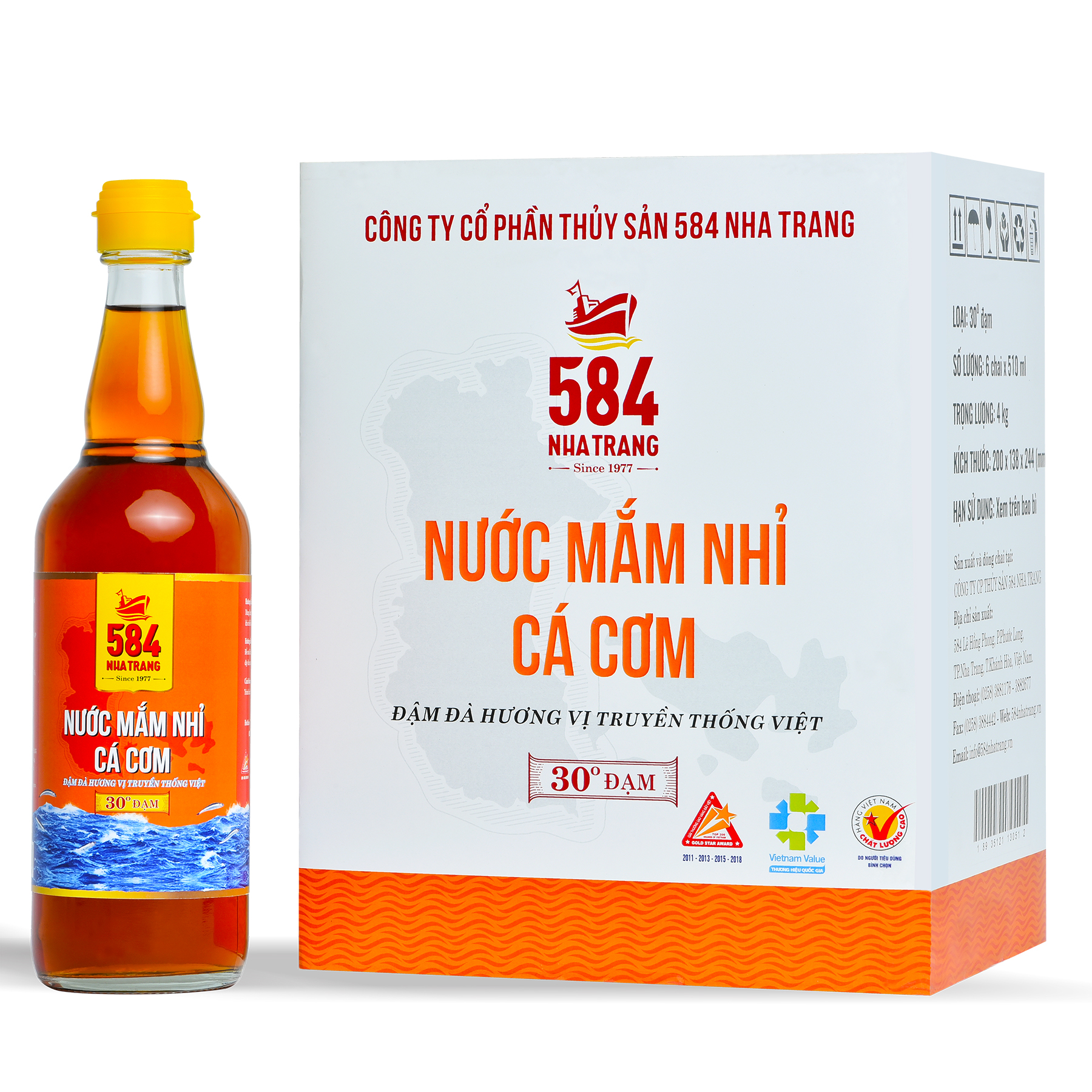 Thùng 6 Chai Nước mắm Nhỉ Cá cơm 584 Nha Trang - 30 độ đạm - Chai thủy tinh 510ml