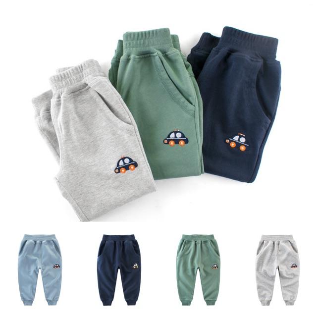 Quần dài bé trai Bunnykids thêu hình ô tô chất cotton hàng xuất Âu Mỹ