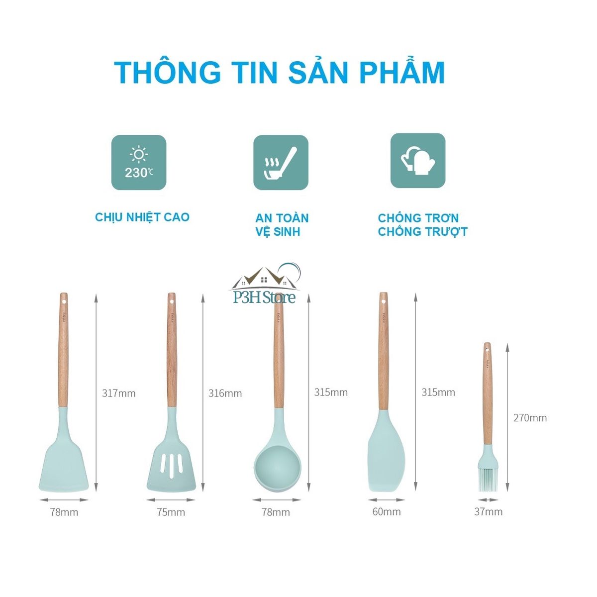 Dụng cụ bếp bằng silicone cán gỗ sồi tự nhiên SH-121