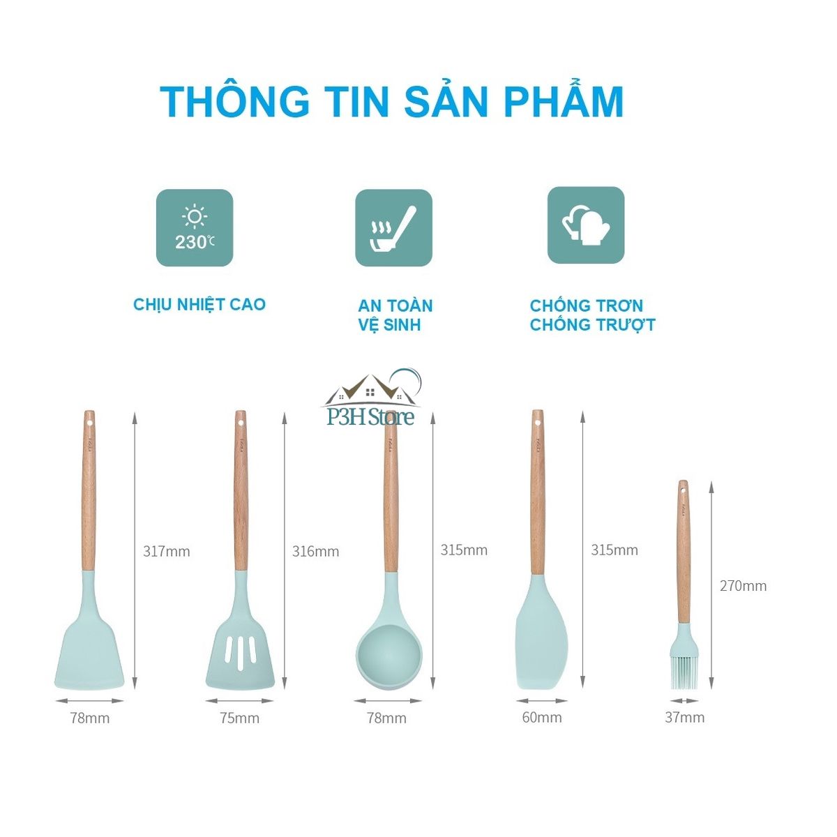 Dụng cụ bếp bằng silicone cán gỗ sồi tự nhiên SH-121