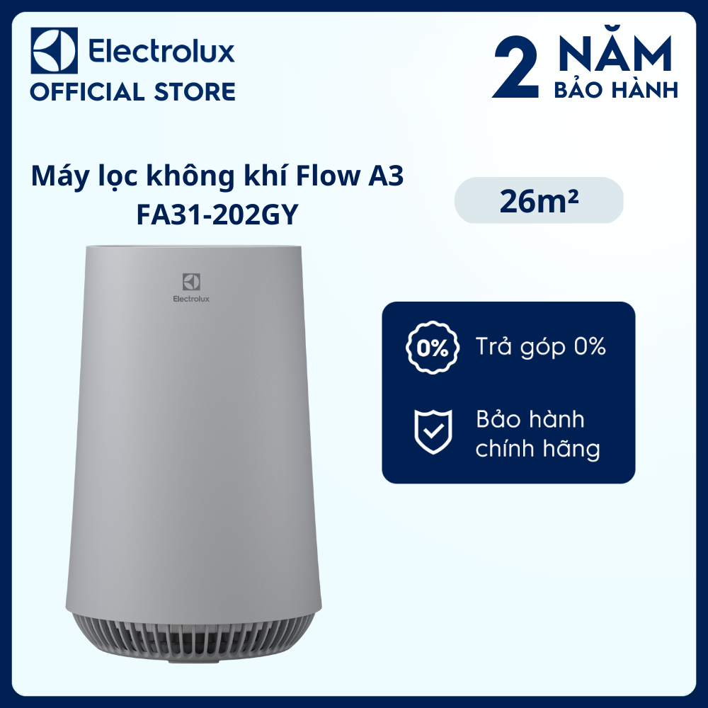 Máy lọc không khí Electrolux 4 bước lọc Flow A3 cho phòng có diện tích 26m² - FA31-202GY - Lọc sạch bụi mịn và khử mùi, cảm biến đo chất lượng khí và điều chỉnh bộ lọc [Hàng chính hãng]