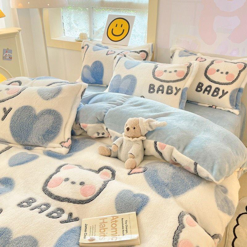 Bộ chăn ga gối nỉ nhung 3D Nhập Khẩu mẫu đáng yêu, vải mềm dày dặn