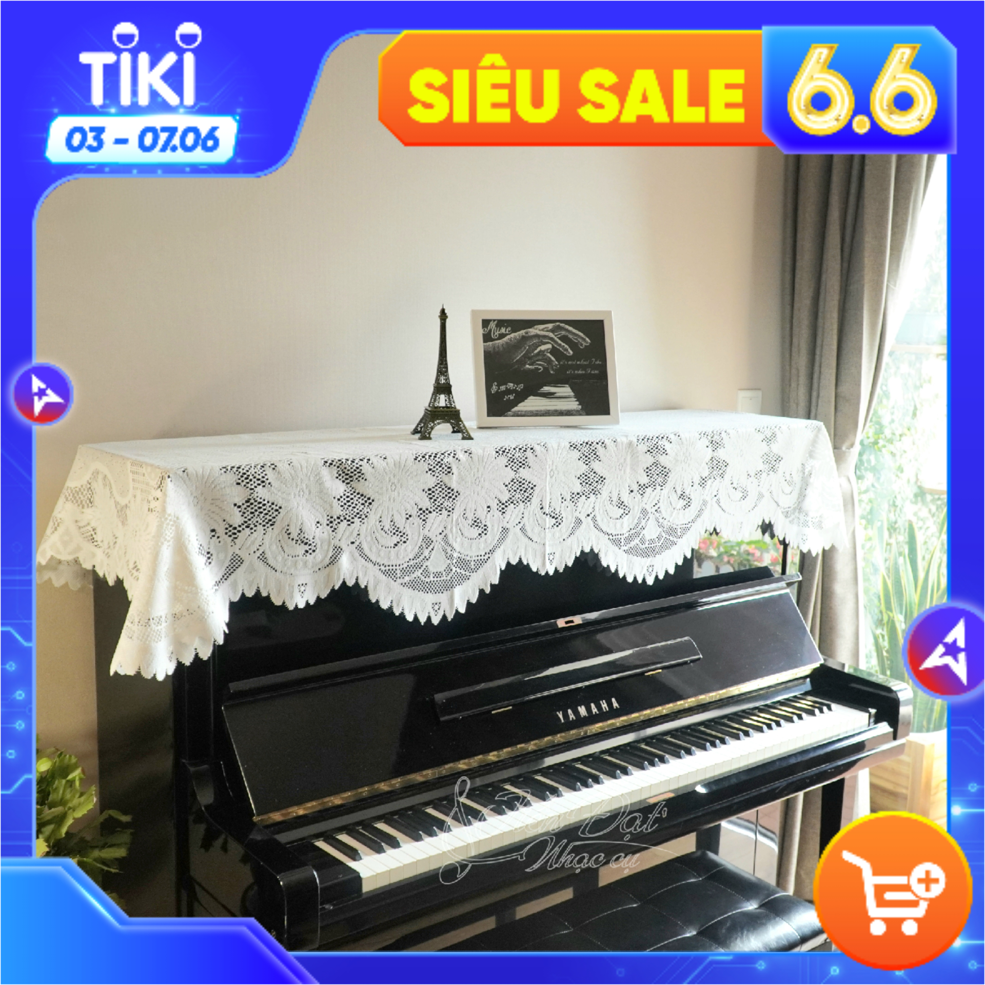Khăn Phủ Đàn Piano Vải Ren Cao Cấp Thiết Kế Hoa Cúc Trắng Sang Trọng KU-01