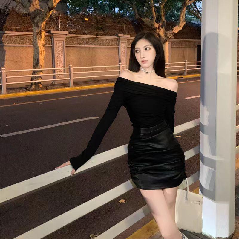 Áo trễ vai tay dài thun gân tôn dáng hot thu đông