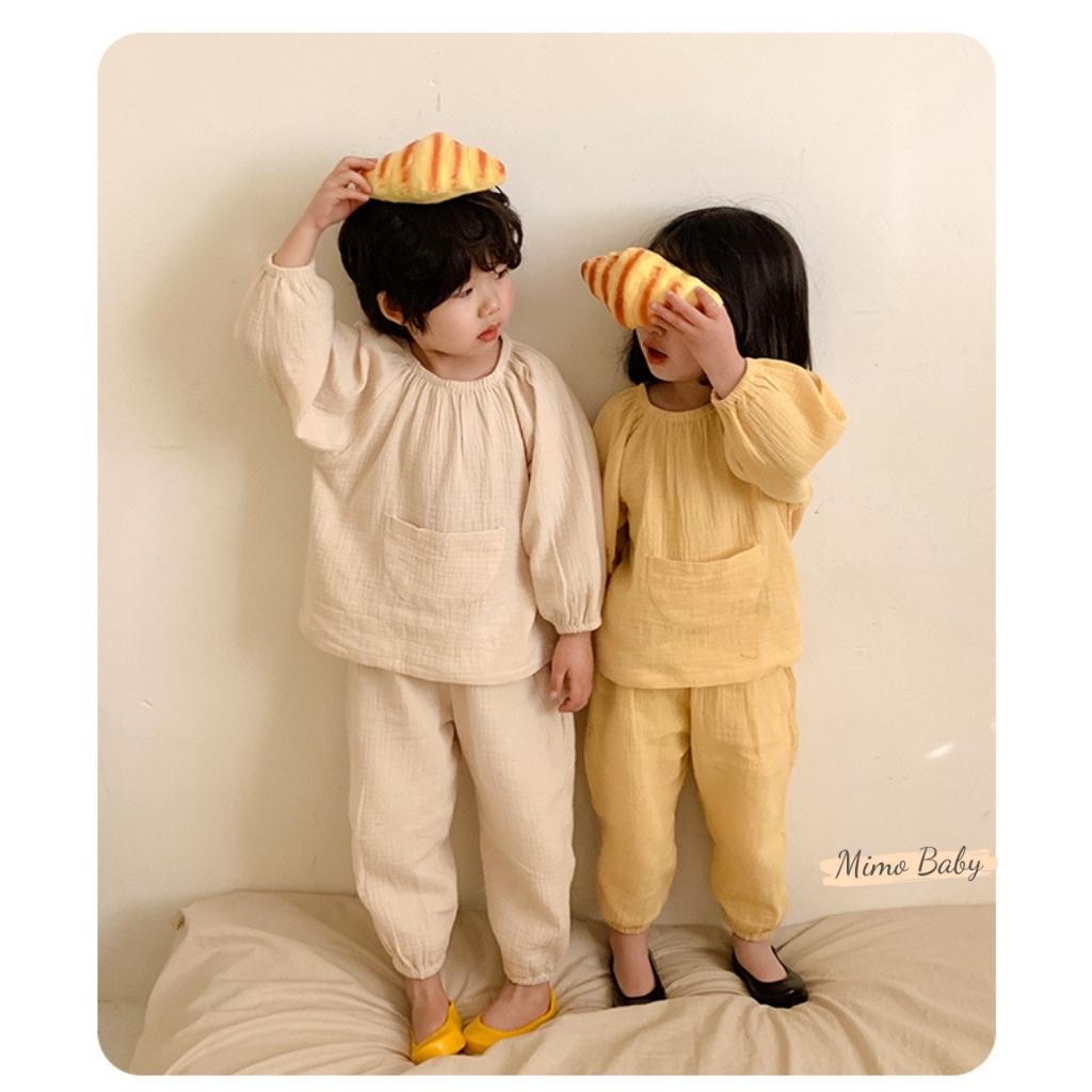 Bộ quần áo dài tay vải xô muslin cao cấp phối túi bụng đáng yêu cho bé QA42 Mimo Baby