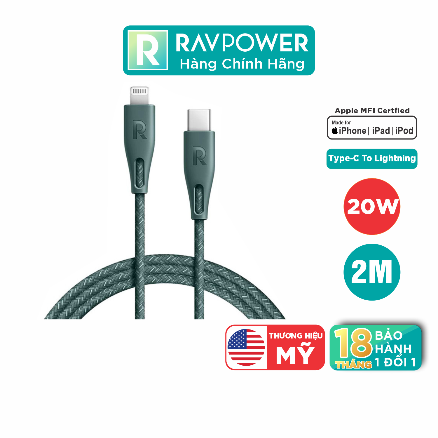 Dây Cáp Sạc Type-C To Lightning 20W Chuẩn MFI C94 Sạc Nhanh Cho iPhone, Cho iPad, Dây Nylon Sêu Bền Dài 2m RAVPower RP-CB1018 - Hàng Chính Hãng