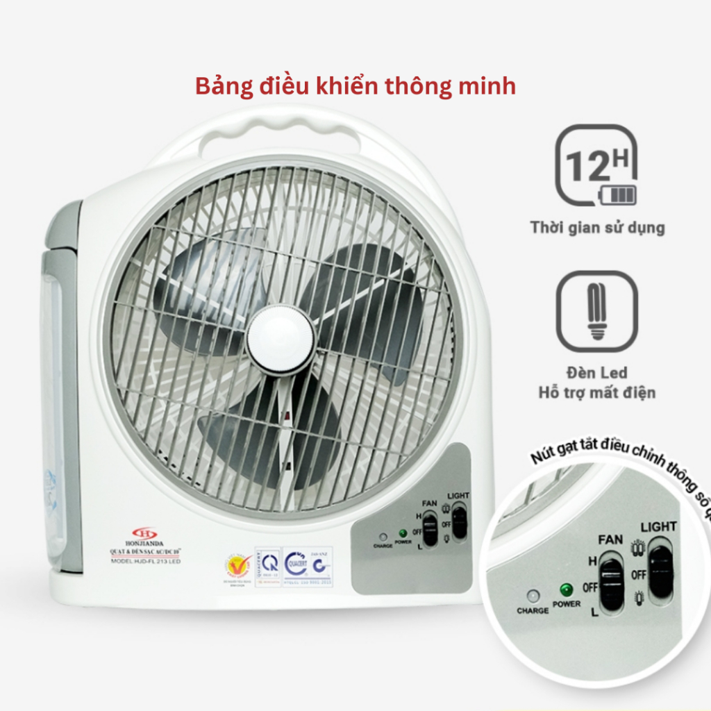 Quạt Sạc Tích Điện Dạng Hộp AC&amp;DC 10 inch Honjianda FL213 loại 2 bình có đèn LED - Hàng Chính Hãng