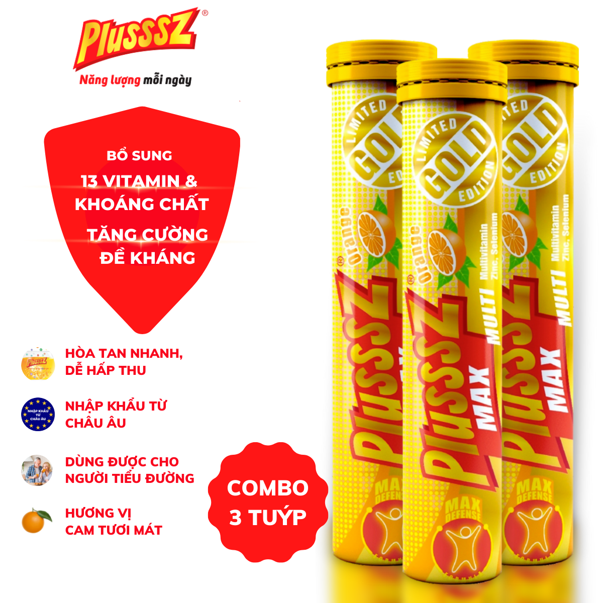 Viên sủi Plusssz Max Multivitamin hương vị Cam không đường bổ sung vitamin C và khoáng chất dạng hòa tan, dễ hấp thu hỗ trợ tăng cường đề kháng, vững vàng sức khỏe .