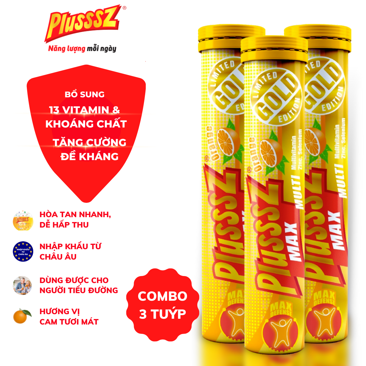 {COMBO3TUYP} Viên sủi Plusssz Max Multivitamin hương vị Cam không đường bổ sung vitamin C và khoáng chất dạng hòa tan, dễ hấp thu hỗ trợ tăng cường đề kháng, vững vàng sức khỏe (Tuýp 20 viên sủi).