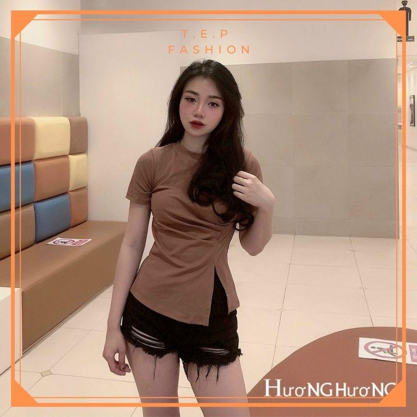 Áo Phông Nữ Ngắn Tay Cổ Tròn Nhún Eo Xẻ Tà Cách Điệu Tep Fashion - AP009