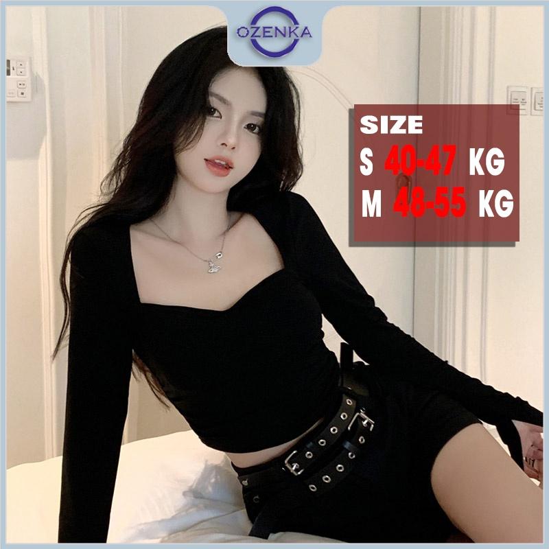 Áo croptop cổ vuông tay dài vạt bầu nhún eo OZENKA , ao crt loptop ôm body cotton màu đen trắng dưới 55 cân