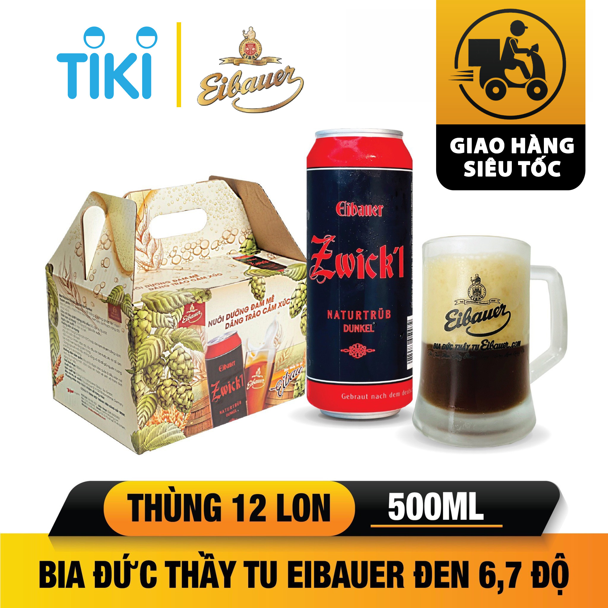 Thùng Quà 12 Lon Bia Thầy Tu EIBAUER ZWICK'L NATURTRÜB DUNKEL  6.7% - Hương Vị Độc Tôn Caramel Rang Cháy - Bia Đức Nhập Khẩu Chính Hãng