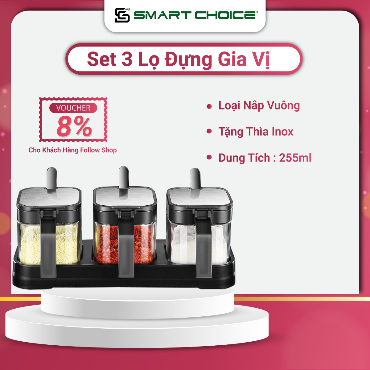 Lọ Đựng Gia Vị Thủy Tinh SMARTCHOICE Có Thìa Kèm Khay Cao Cấp, Set 3 Hũ Đựng Gia Vị Dày Dặn Nắp Bật Inox 304 - Hàng Chính Hãng