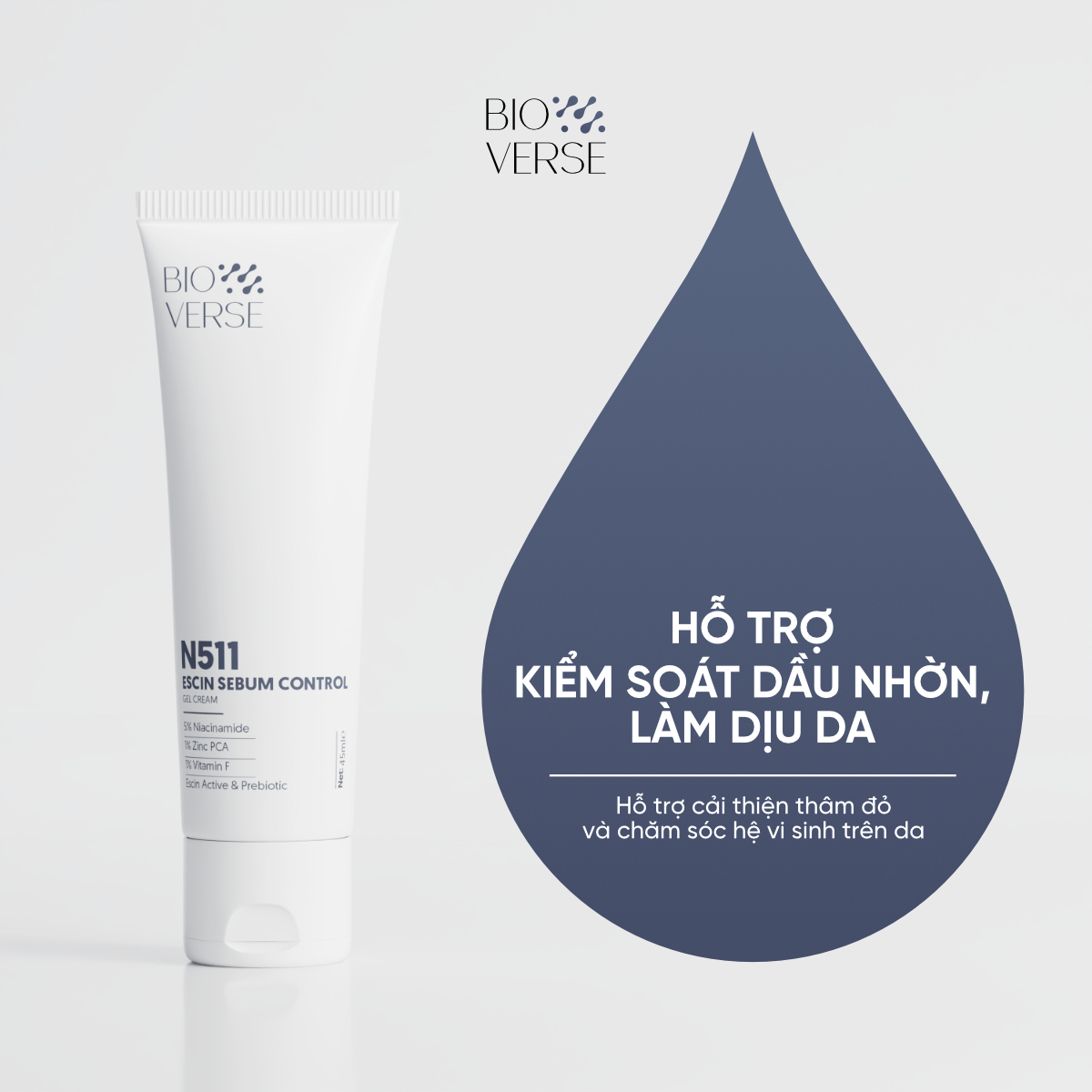 Gel dưỡng ẩm N511 Escin Sebum Control Gel Cream Bioverse hỗ trợ kiểm soát dầu nhờn, làm dịu vùng mụn cho da 45ml