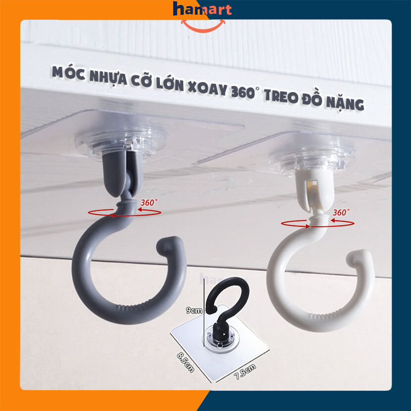 Móc Nhựa Xoay 360˚ Cỡ Lớn Dán Tường Trần Nhà Treo Màn Hình Lưỡi Câu Siêu Dính Treo Đồ Đa Năng - Móc Nhựa Xám 360º