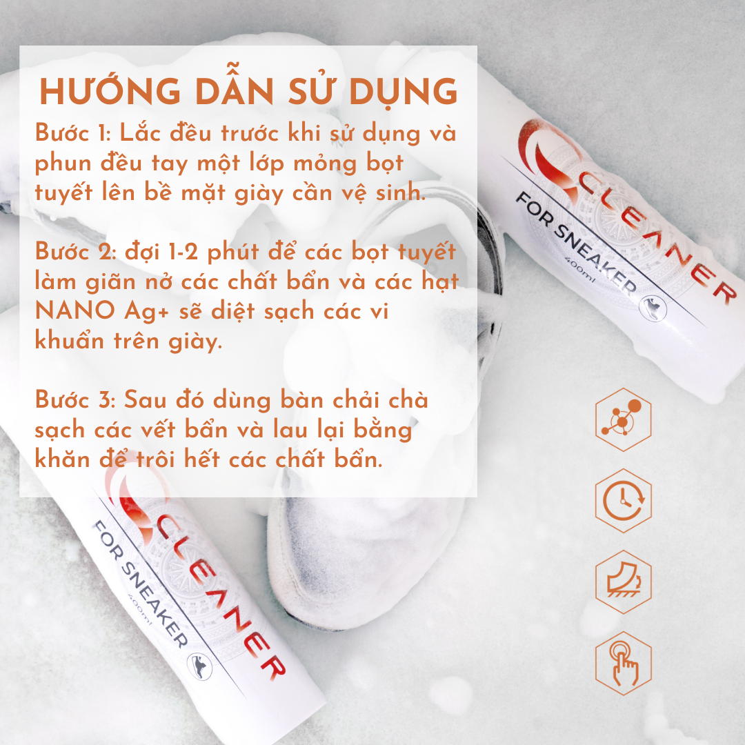 COMBO Chăm sóc giày Q Cleaner gồm Bọt tuyết vệ sinh giày và Bình xịt khử mùi giày - Xuất xứ tại Việt Nam - EU