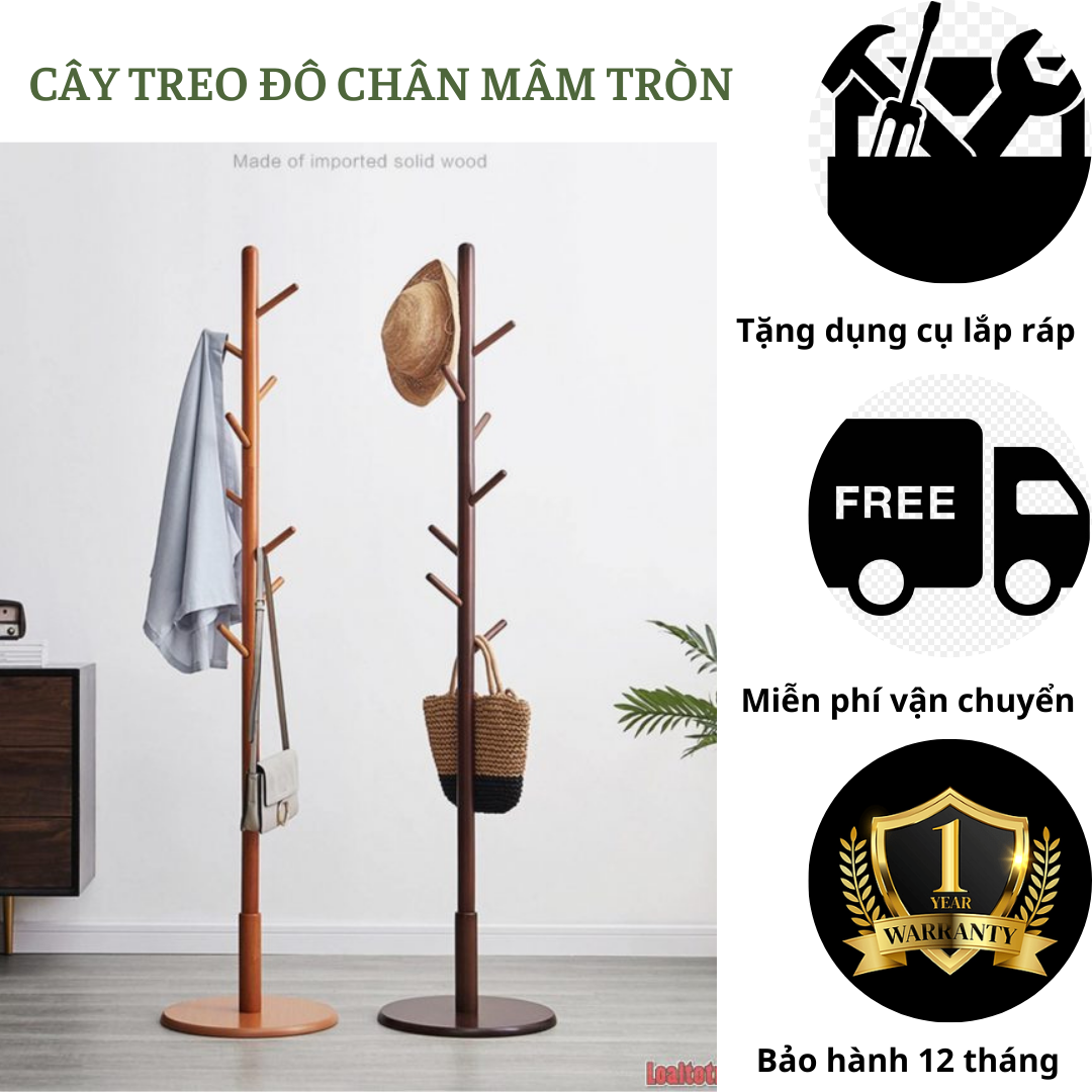 Cây treo đồ chân mâm tròn bằng gỗ cao su - giá treo đồ bằng gỗ cao su thiên nhiên chịu tải trọng 30kg