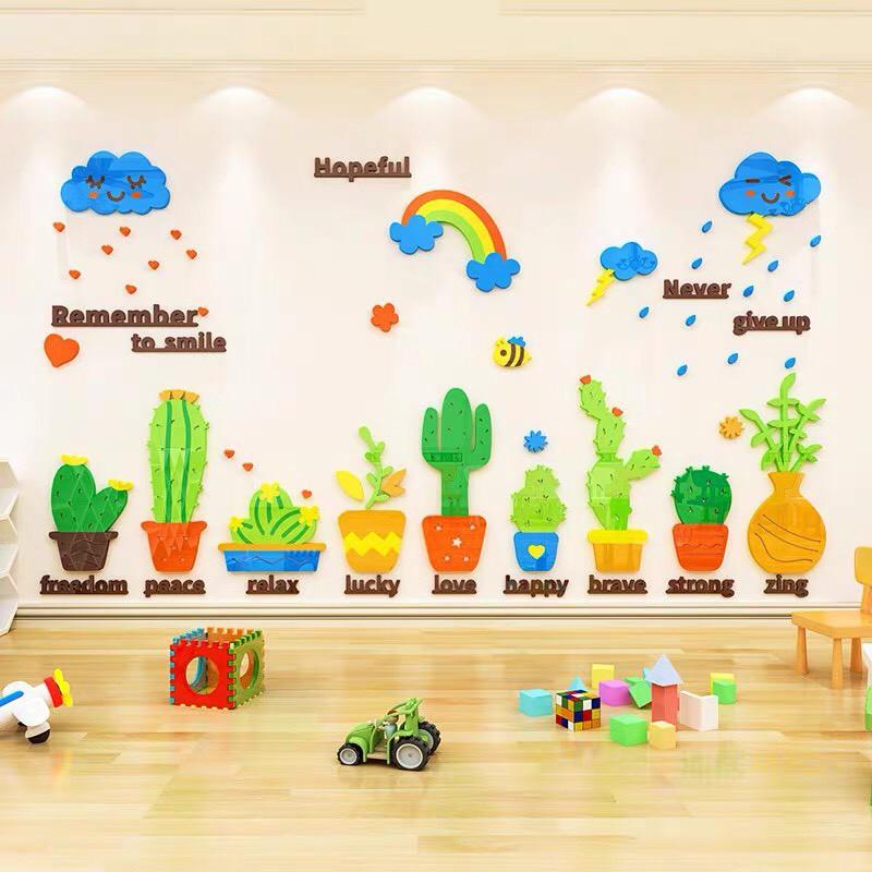 Tranh dán tường mica 3D chậu cây xương rồng trang trí chân tường, decal mica làm nổi bật phòng khách, cửa hàng, lớp học