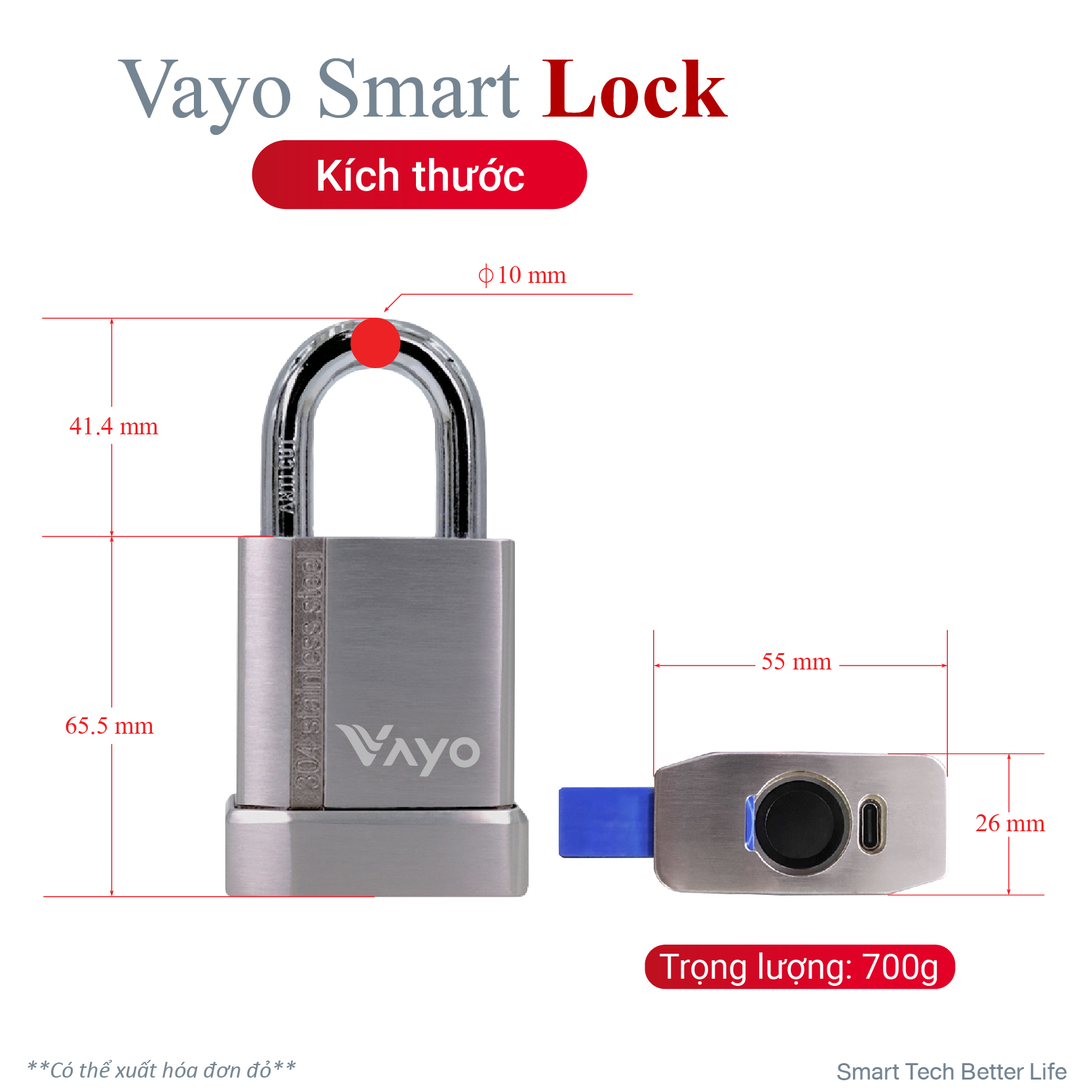 Khóa vân tay chống trộm thông minh Vayo Smart Lock - Thép SUS 304 siêu bền chắc, điều khiển qua ứng dụng