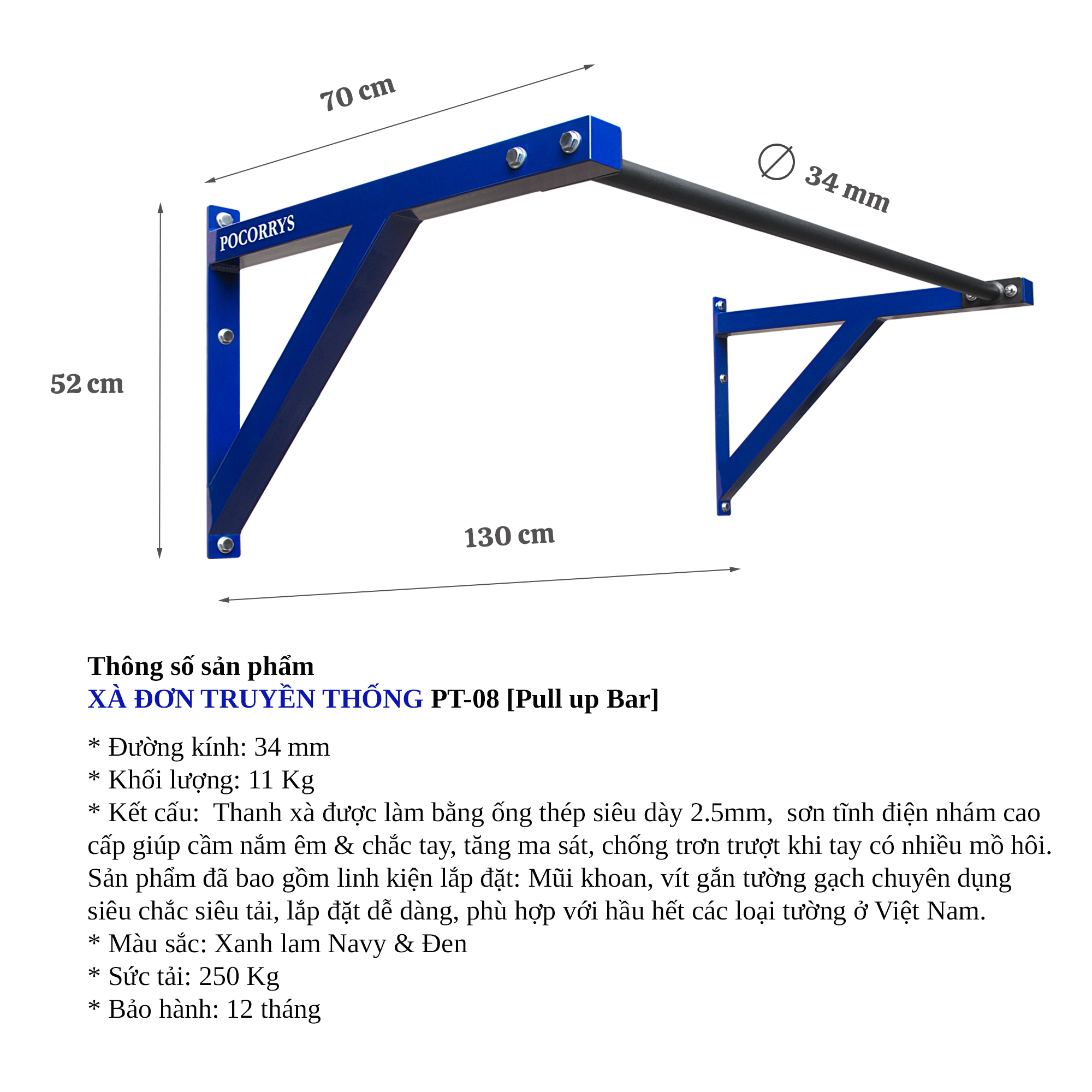 Xà đơn gắn tường, Xà đơn truyền thống, Pull up bar Pocorrys PT-08, Màu đen xanh