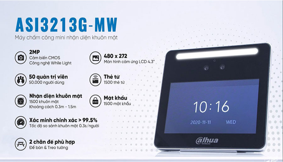 [Hàng Chính Hãng] Thiết bị kiểm soát ra vào bằng khuôn mặt DAHUA ASI3213G-MW