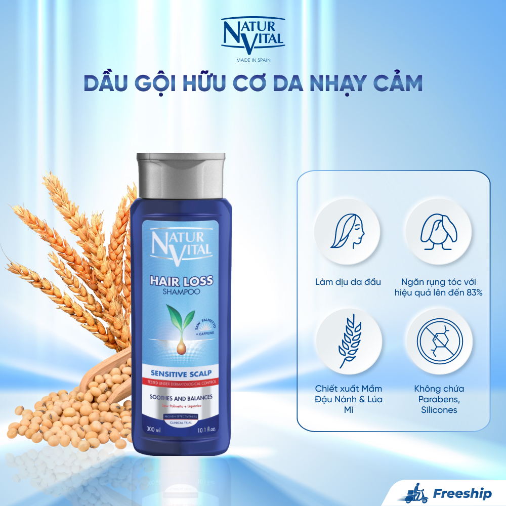 Dầu Gội Hữu Cơ NaturVital Hair Loss Sensitive Scalp Chiết Xuất Mầm Đậu Nành & Lúa Mì, Phù Hợp Với Da Đầu Nhạy Cảm, Hỗ Trợ Giảm Thiểu Rụng Tóc
