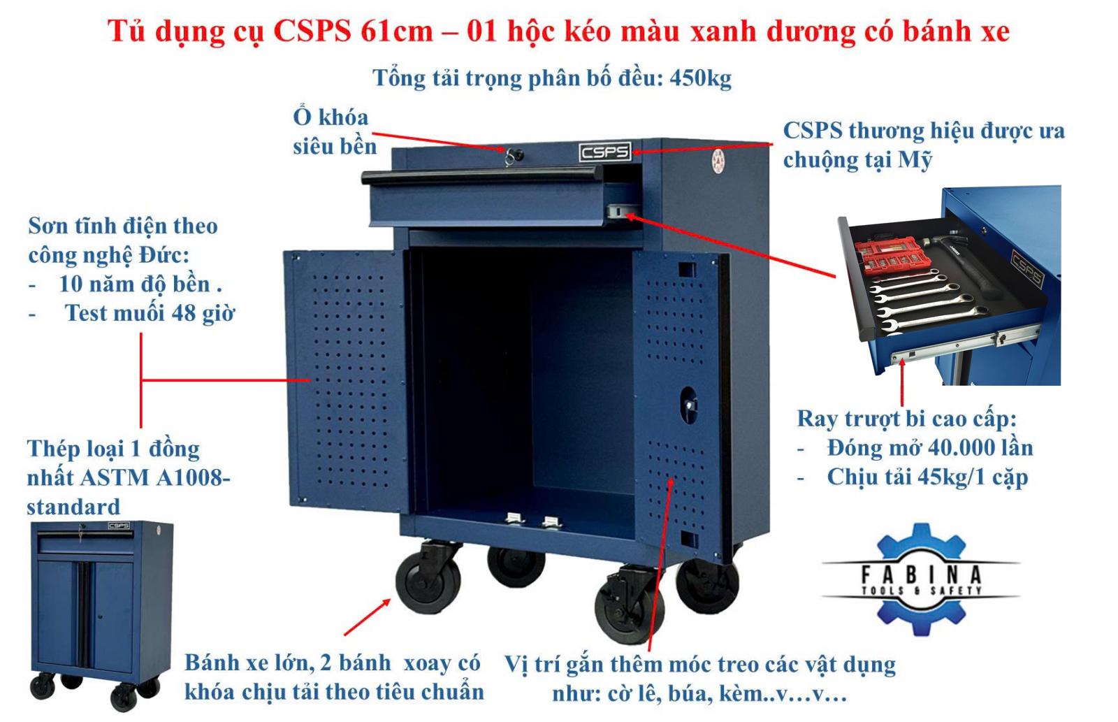 Tủ dụng cụ CSPS 61cm - 01 hộc kéo màu xanh dương có bánh xe