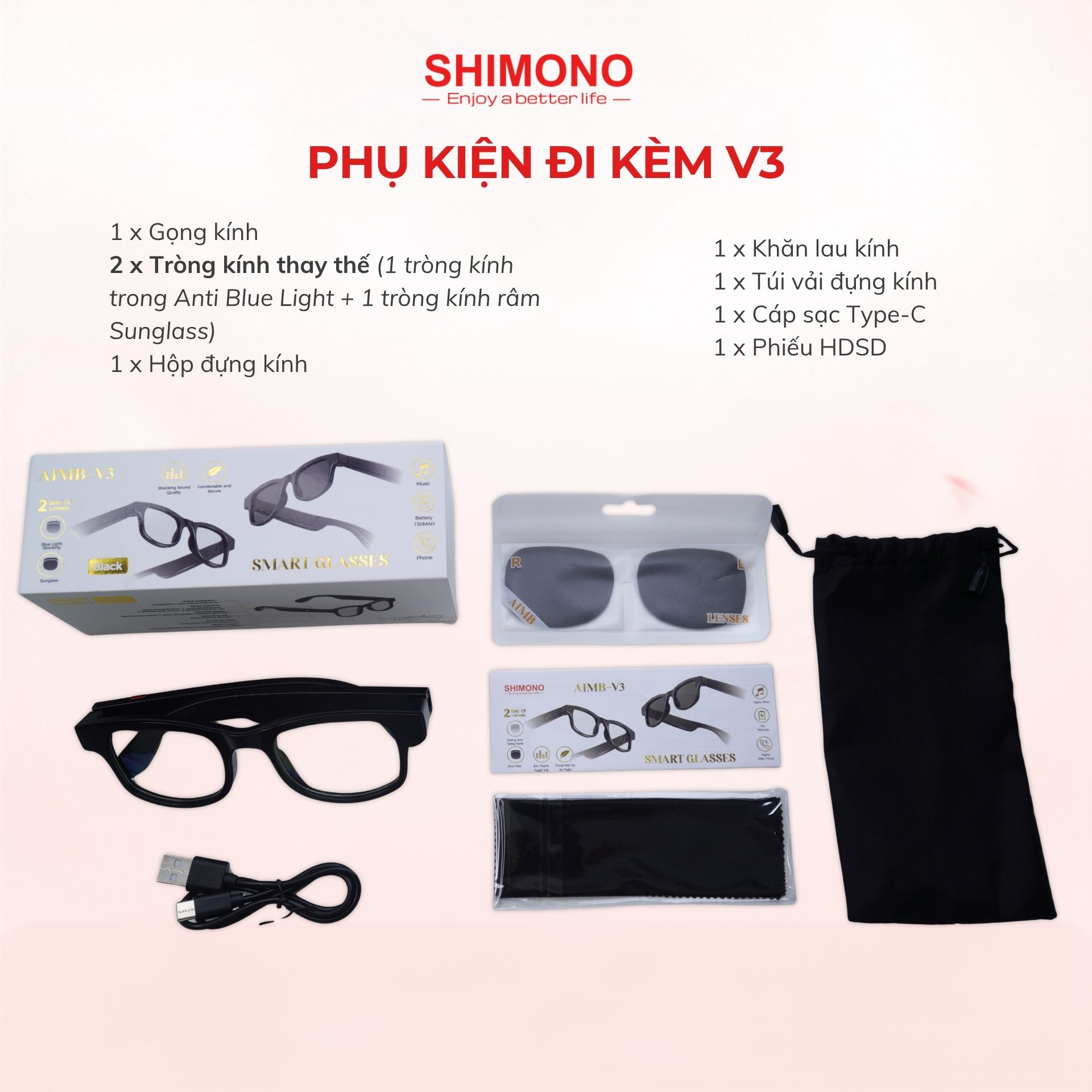 Kính Bluetooth SHIMONO AIMB V3 Nghe Nhạc Open Ear, Đàm Thoại Rảnh Tay, Chụp Ảnh Từ Xa, 2 Tròng Thay Hàng Chính Hãng