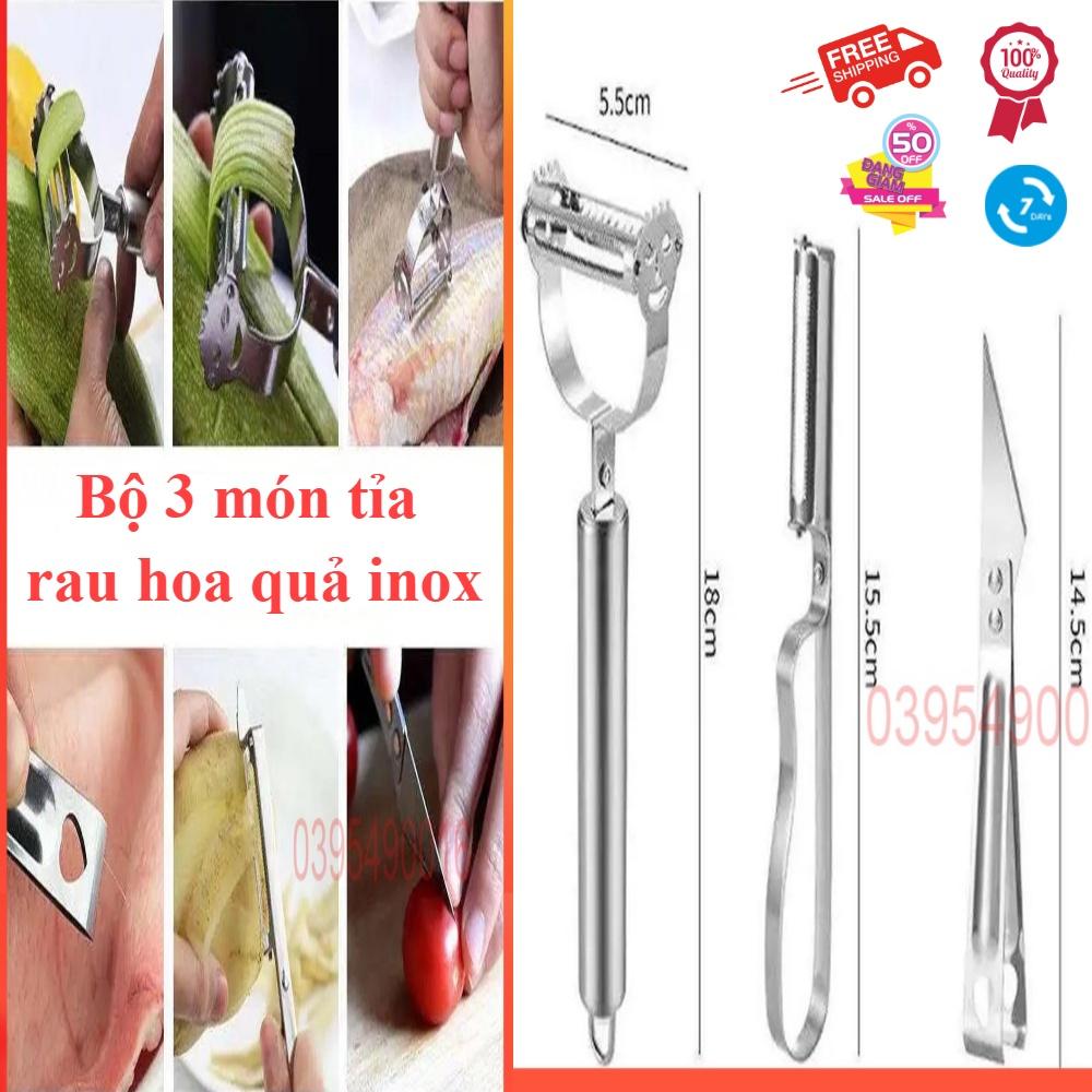 Bộ 3 món tỉa rau hoa quả inox cầm tay có lưỡi răng cưa bào sợi, nạo củ quả, nhíp lông cho nhà bếp, thép không rỉ