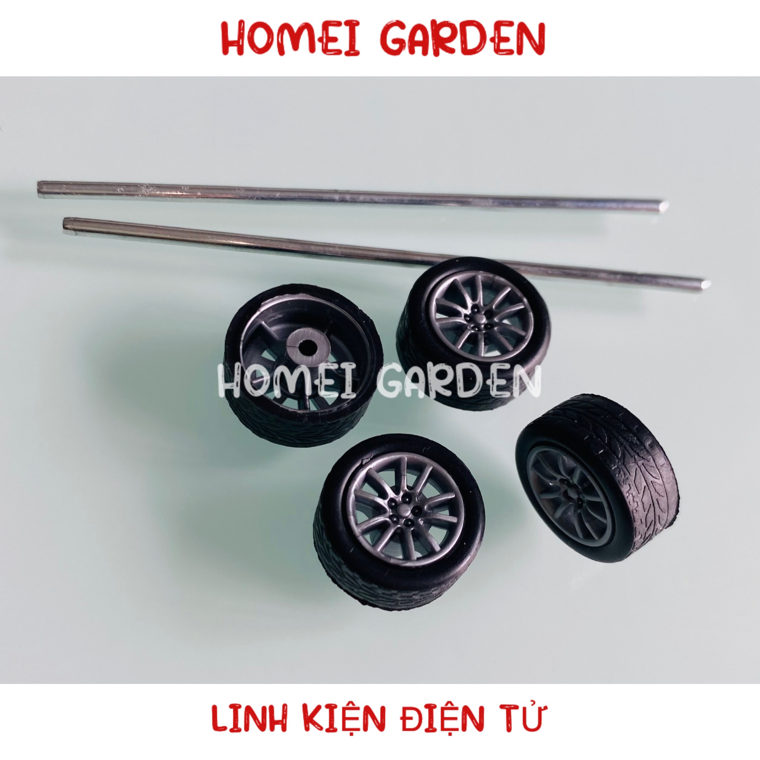4 bánh xe mini vỏ cao su 16mm trục 2mm kèm 2 trục 75mm chế xe tàu DIY stem steam - HM0141