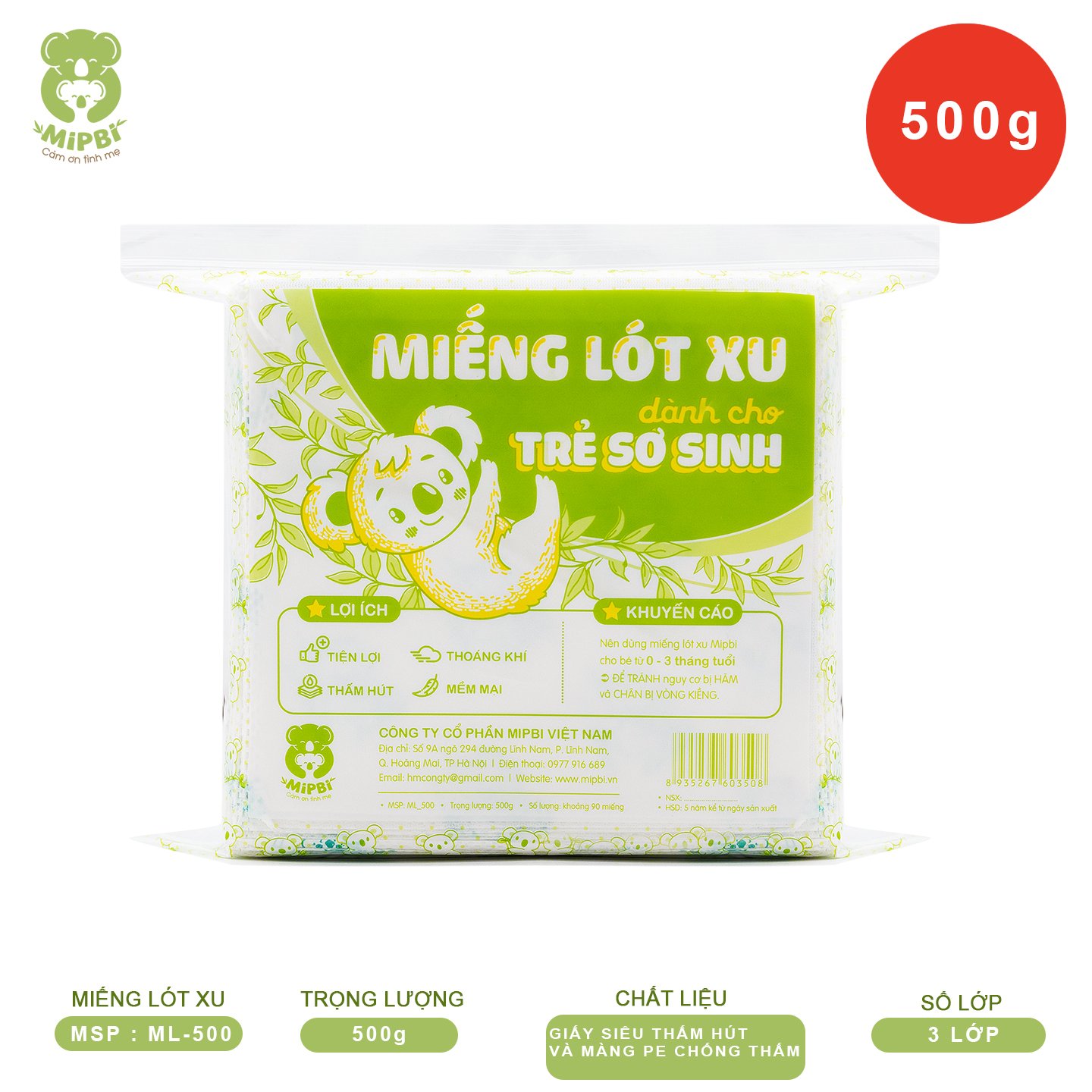 Miếng lót xu dành cho trẻ sơ sinh Mipbi 3 lớp gói 500g 90 miếng, siêu thấm, ngăn thấm ngược, chống tràn