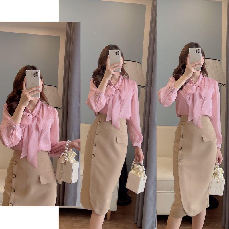 Chân Váy Bút Chì Xẻ Trước Đính Cúc dáng dài