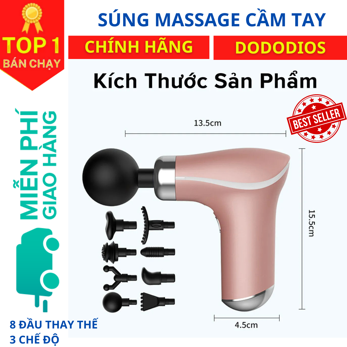 Máy Massage Cầm Tay Toàn Thân 3 Cấp Độ, 8 Đầu Thay Thế dododios - Chuyên Sâu Vai Lưng, Giảm Đau Cơ - Hàng Chính Hãng dododios