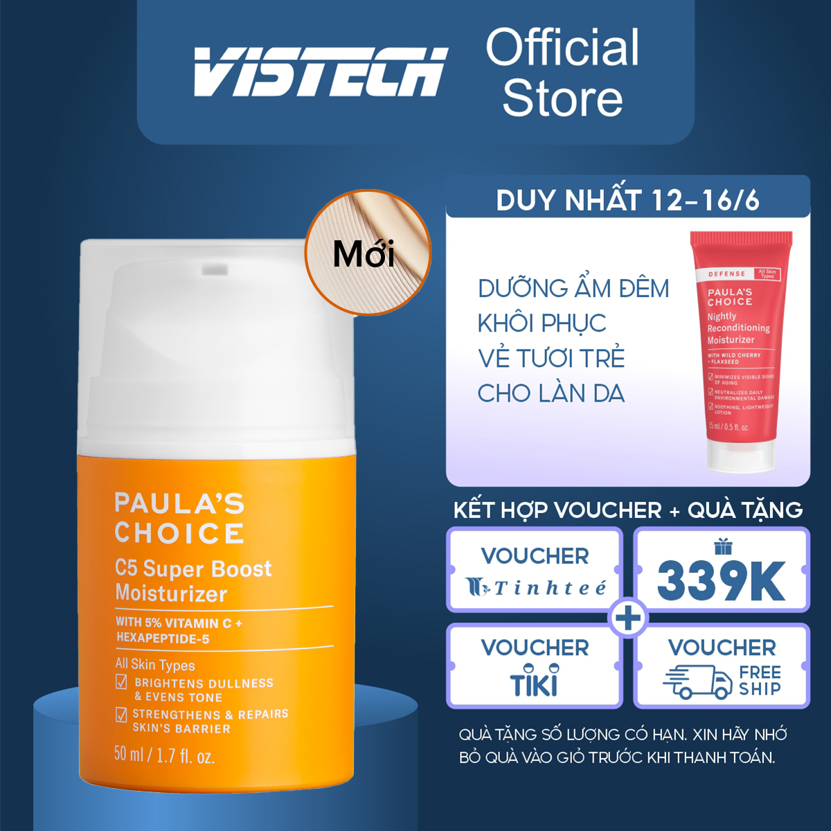 Kem dưỡng ẩm Vitamin C làm sáng da và tăng sinh collagen Paula's Choice C5 Super Boost Moisturizer 50ml