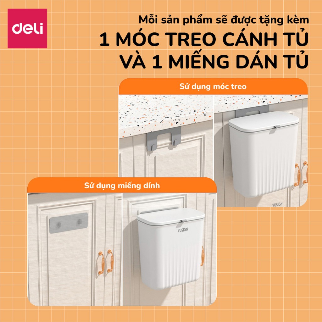 Thùng rác treo tủ bếp mở hai chiều 9L kèm quai có nắp giữ túi thùng rác gắn tường cho nhà bếp