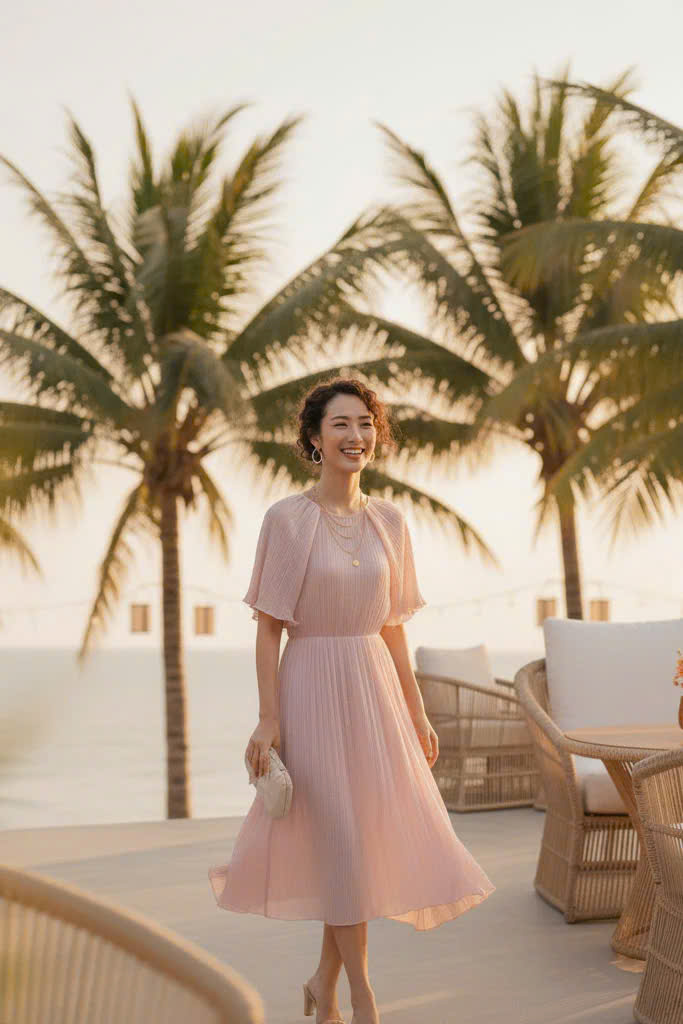 Đầm Xoè Dập Ly Hồng Pastel thời trang thiết kế Hity DRE194