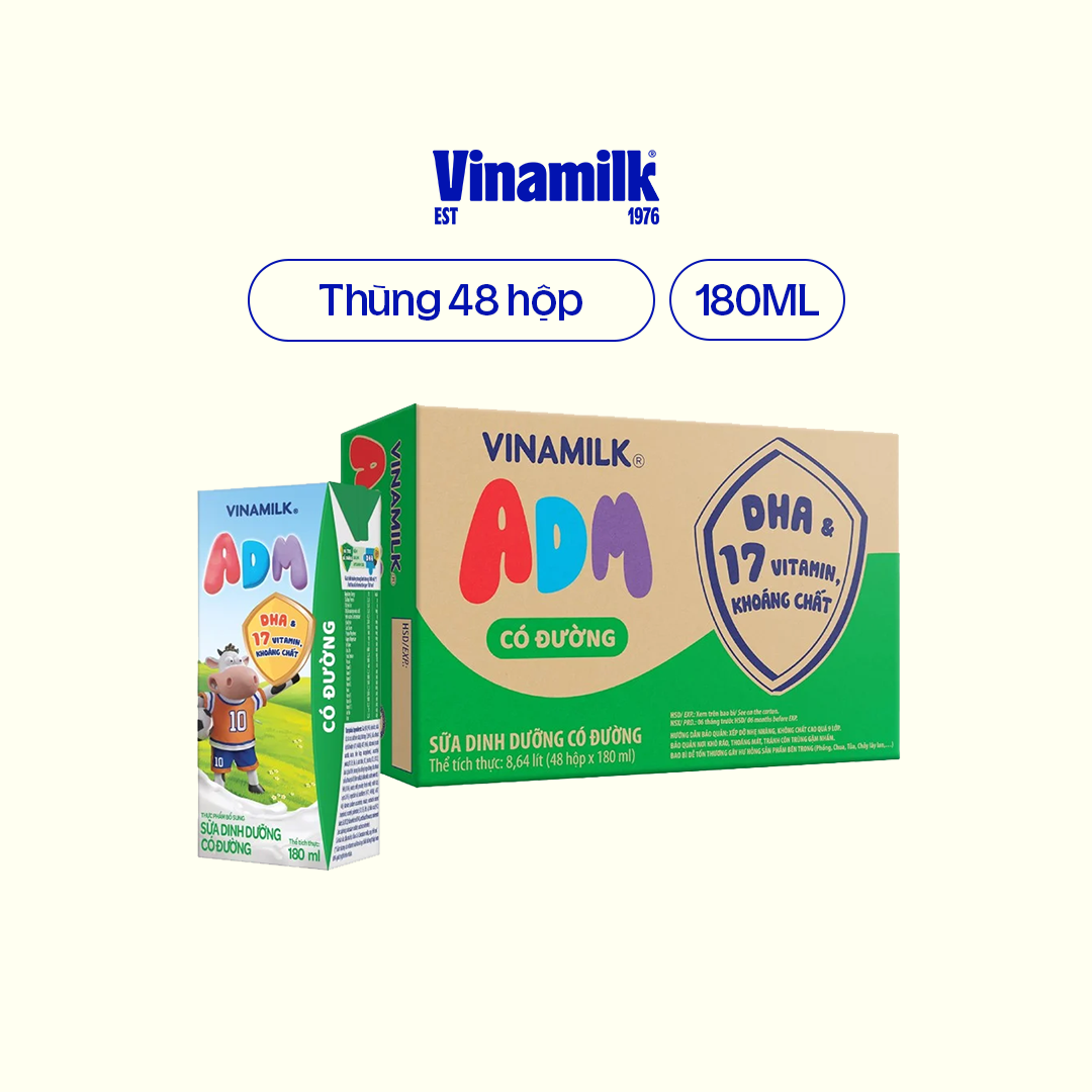 Sữa dinh dưỡng Vinamilk ADM Có Đường - Thùng 48 hộp 180ml