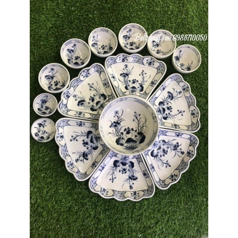 Bộ bát đĩa mặt trời vẽ sen men lam, men chàm