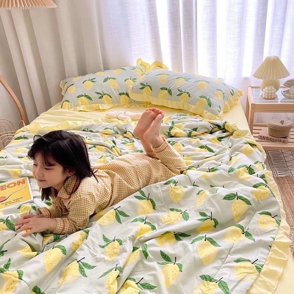 Bộ chăn đũi hè vỏ ga và 2 vỏ gối M2T bedding chăn lót bông thiết kế phối bèo họa tiết quả chanh đào