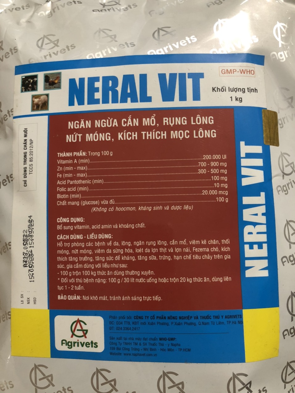 Thuốc thú y, Neral vit/ siêu mọc lông (1kg-Agrivets) dùng cho chó, mèo, gia súc, gia cầm