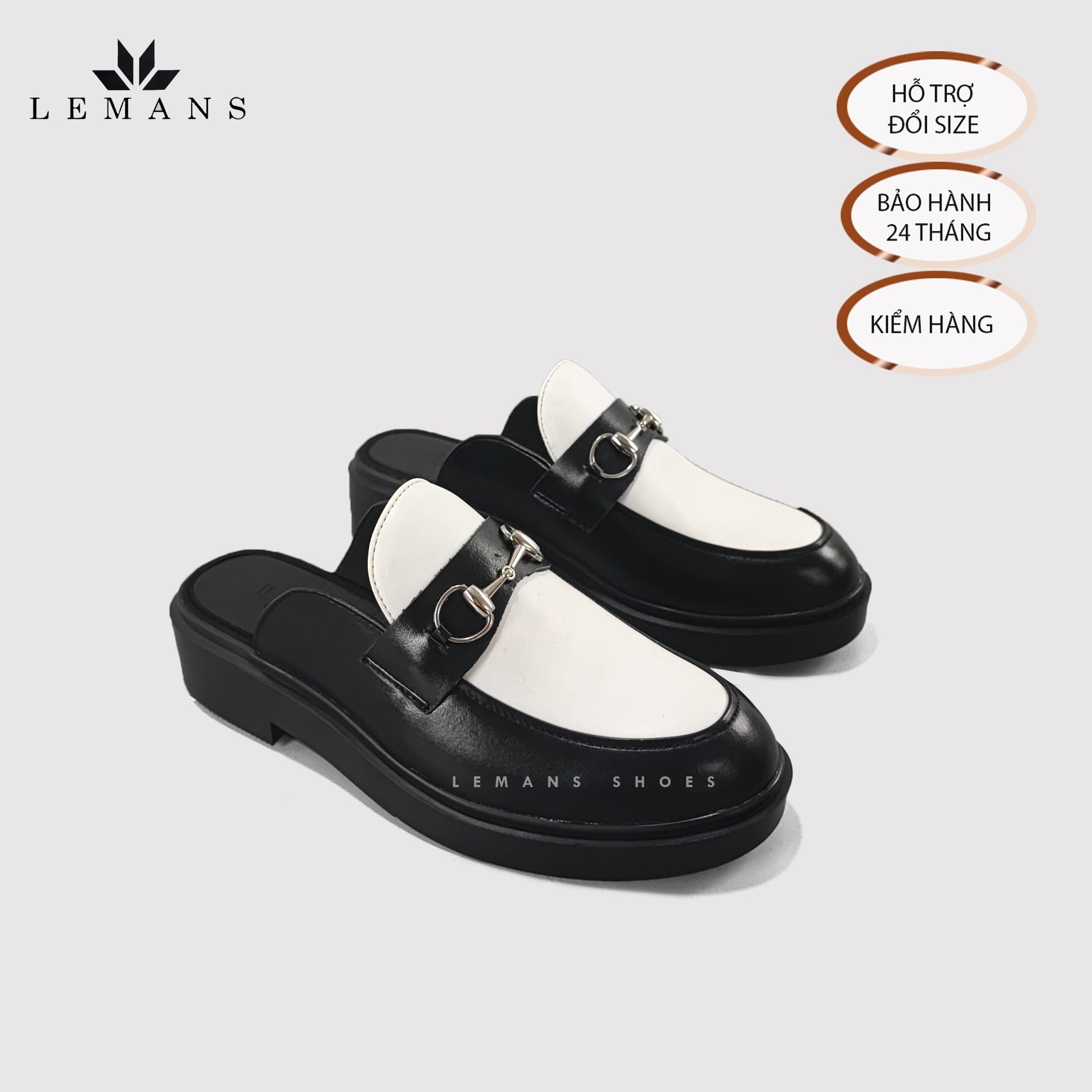 Giày Sục LEMANS Mules Loafer - Black White. Da bò nguyên tấm nhập khẩu. Đế khuôn độc quyền tăng cao 4cm. Bảo hành 24 tháng