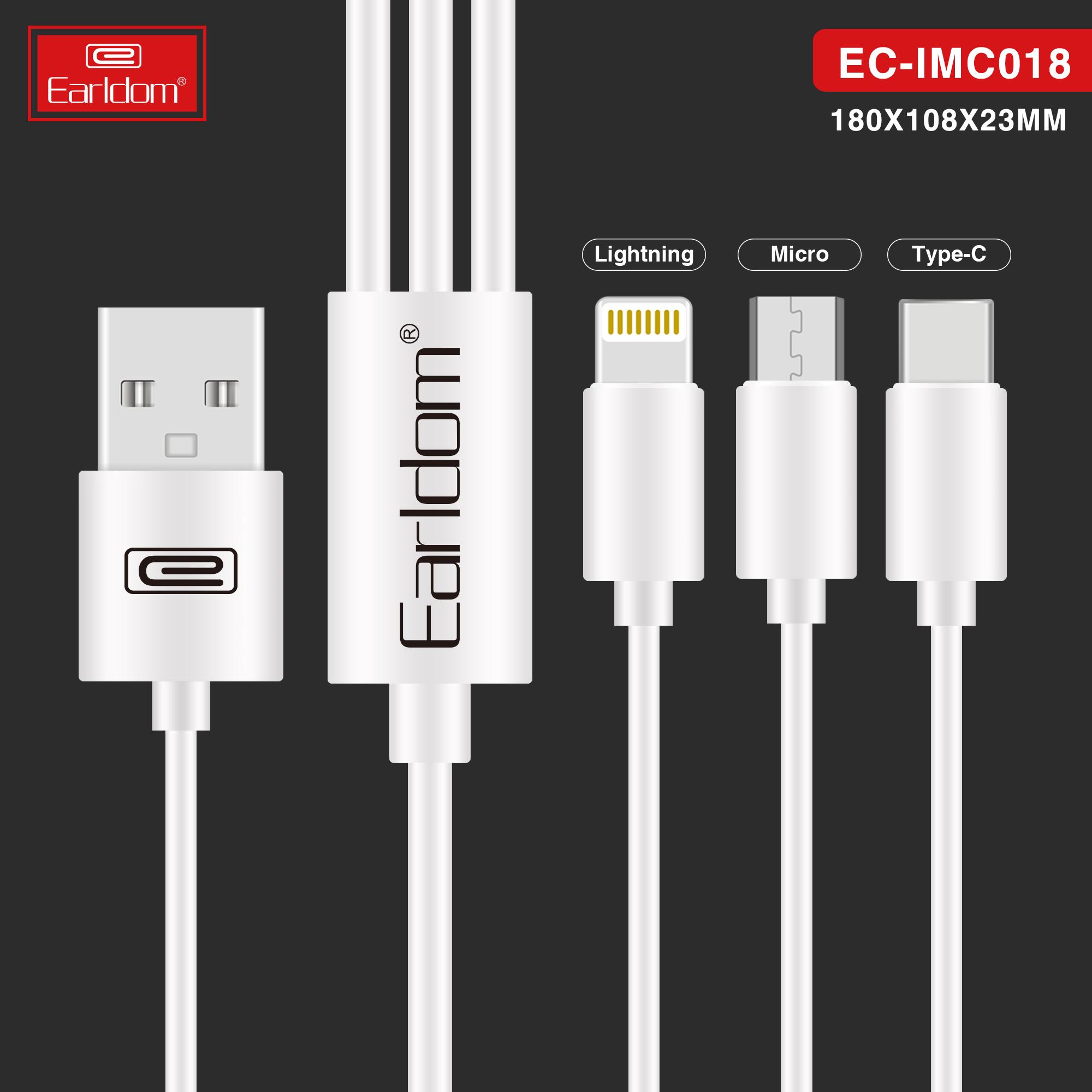 Cáp Sạc 3 Đầu Chính Hãng Sạc Nhanh 3A EARLDOM IMC-018 Dài 1,2M TÍch Hợp 3 Đầu Type-C, Lightning, Micro | Hàng Chính HÃng