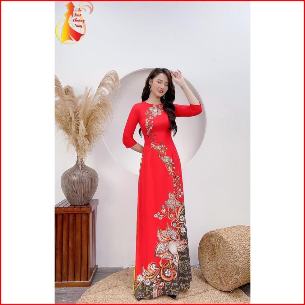 Áo dài nữ lụa nhật in 3D cao cấp siêu mềm mịn, Áo dài phan thảo mã đỏ LV53