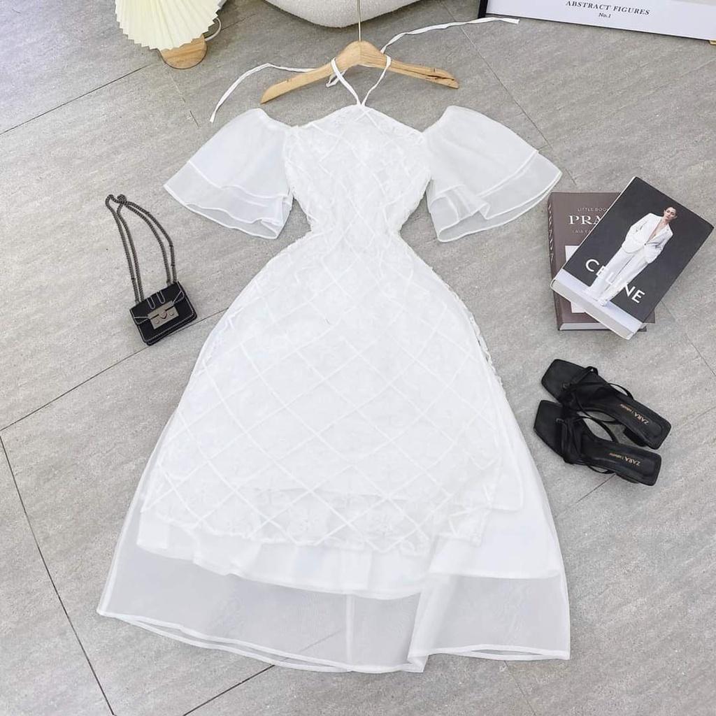 Set bộ áo dài trắng ren hoa rớt vai tay voan tiên chân váy voan đi chùa chơi tết