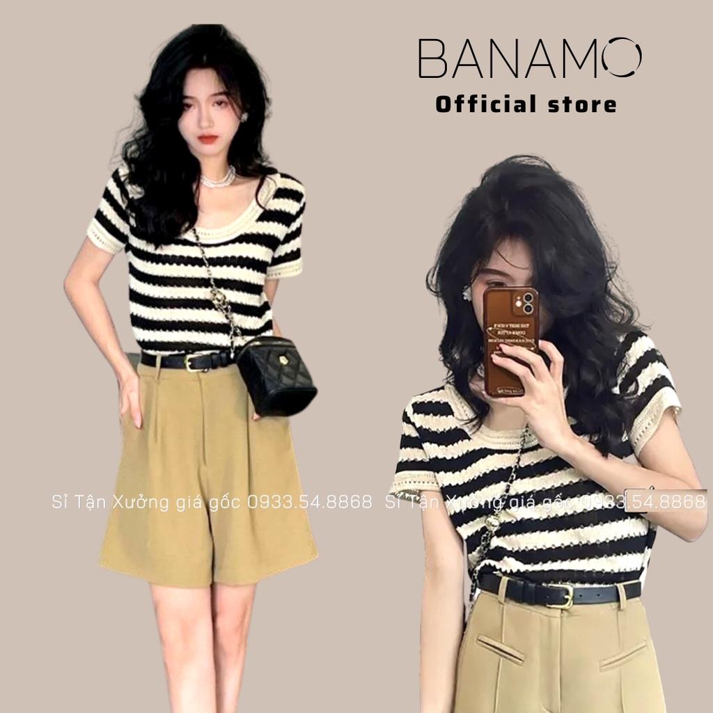 Áo len dệt kim ngắn tay họa tiết kẻ ngang phong cách hàn quốc thời trang Banamo Fashion áo len kẻ ngang 3415