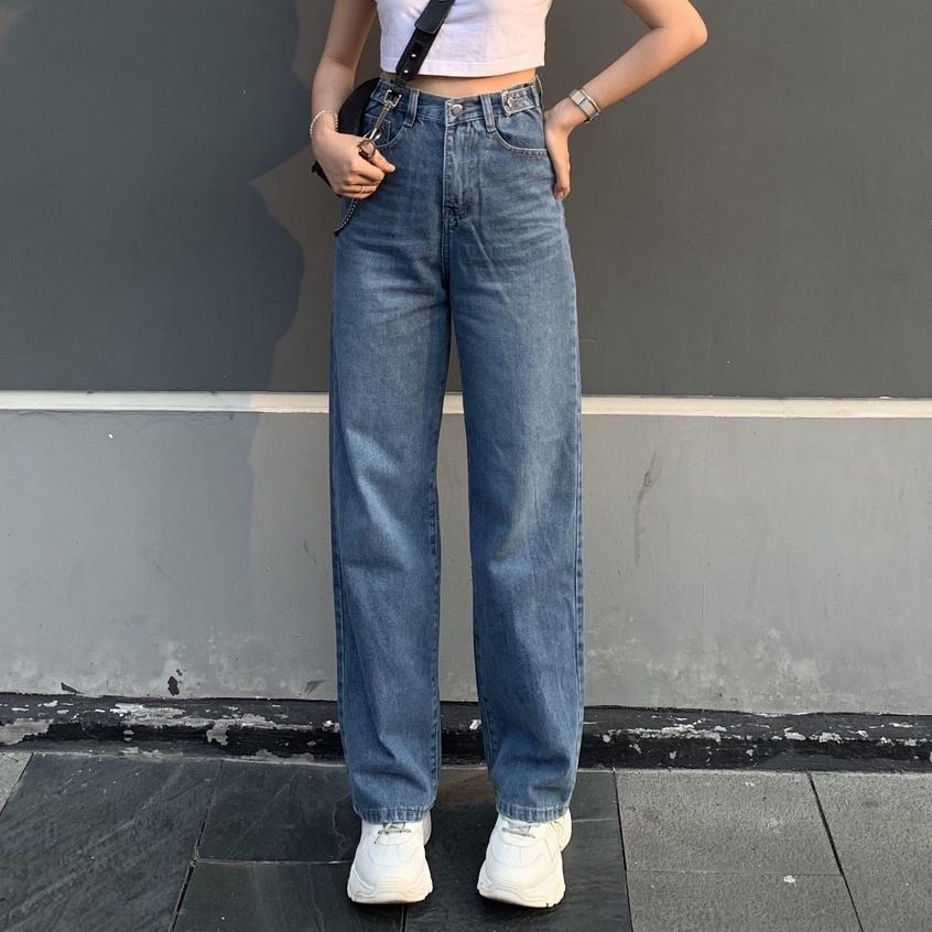 Quần Jean Ống Rộng SIMPLE JEAN Lưng Cao Unisex (Gài nút 2 bên lưng K001)