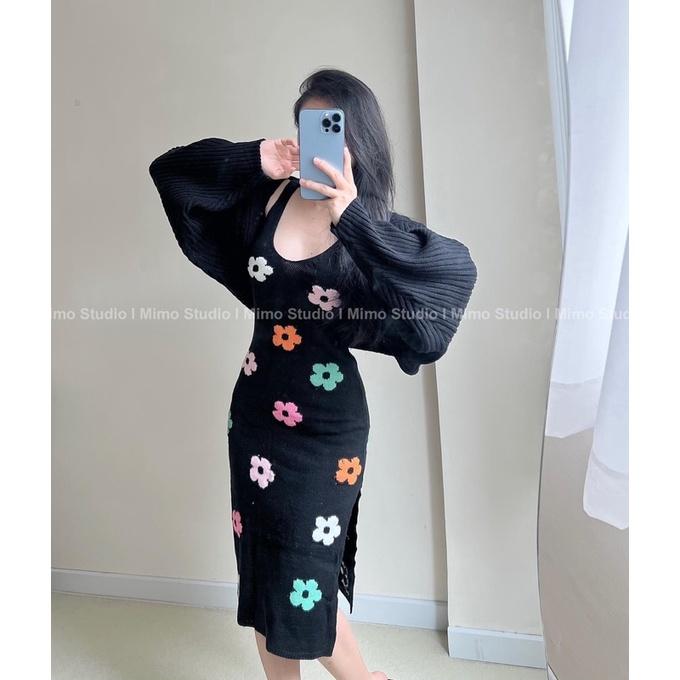 ĐẦM LEN ĐEN XẺ ĐÙI THÊU HOA- 2087