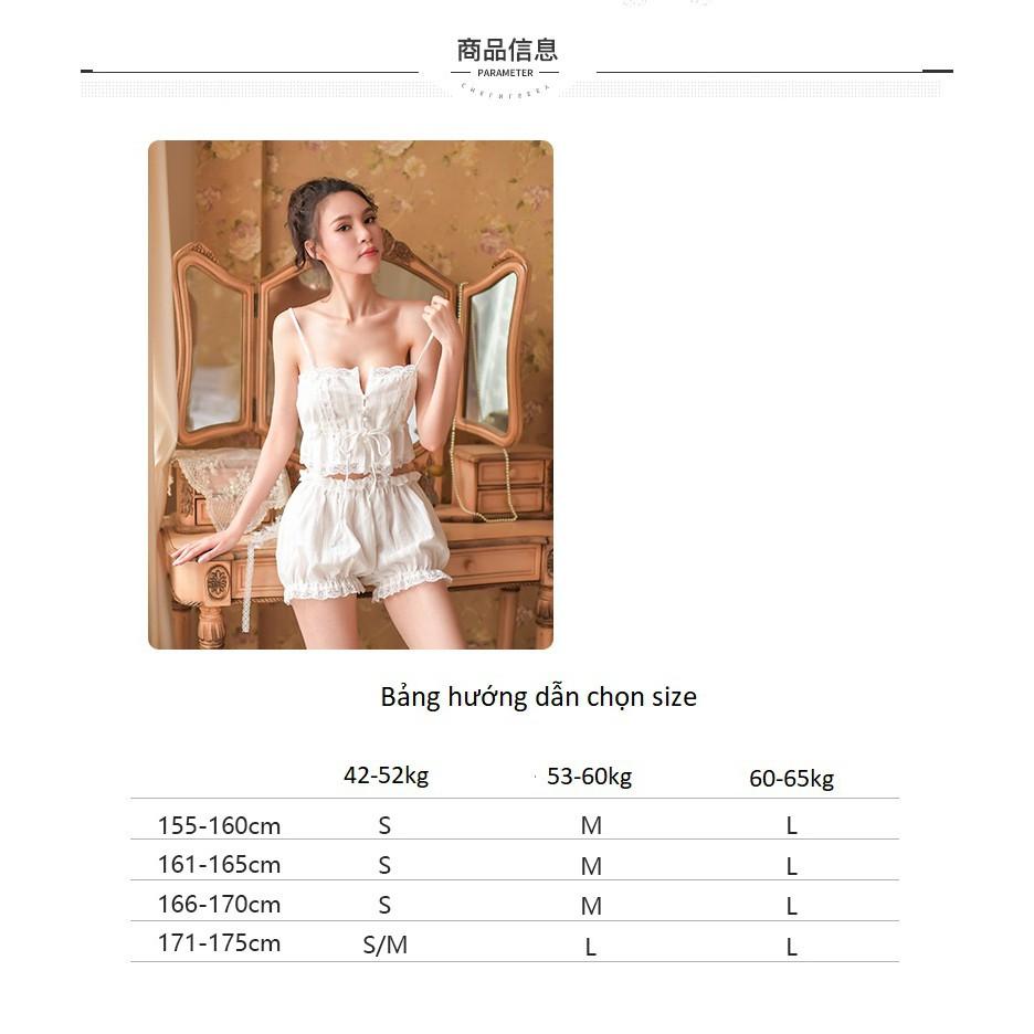 Bộ Đồ Ngủ- Mặc Nhà Quần Đùi Áo Croptop Hai Dây Ren Mỏng- Phong Cách Tiểu Thư CT005